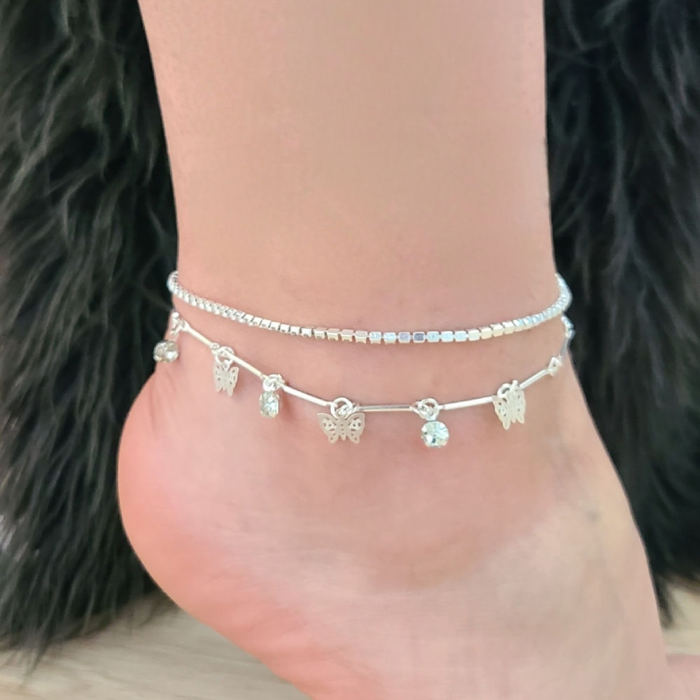 Silver Butterfly Anklet, 1pc Double Layered Butterfly Anklet